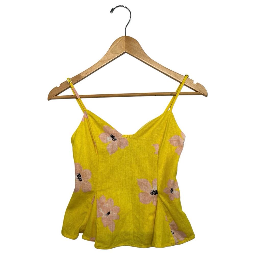 Zara Top Womens Extra Small Yellow Floral Peplum Linen Summer Top Beach Coastal
